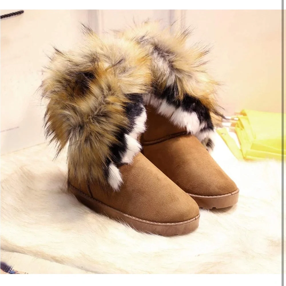 Women's Faux Fur Tassel Winter Snow Boot Suede Flat Ankle Boots Sz 42